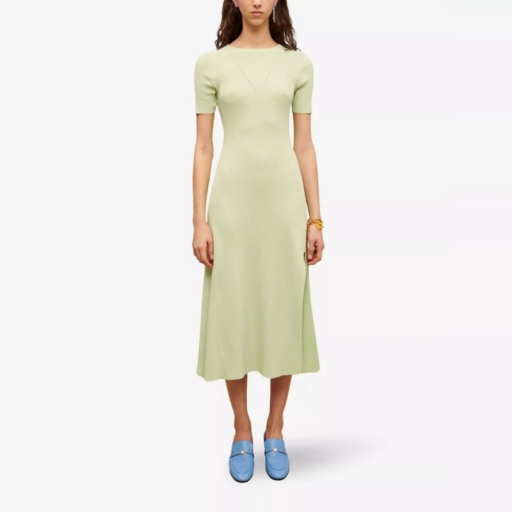 NWT Maje Ribbed Scoop Back Lace Up Mint Green Midi Dress, Size 36 (S)